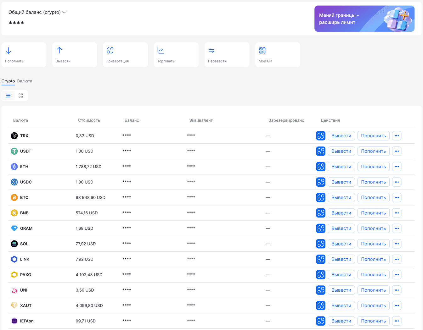 Кошелёк WhiteBird: общий баланс, кнопки действий и таблица активов — TRX, USDT, ETH, USDC, BTC, BNB, GRAM, SOL, LINK, PAXG, UNI, XAUT