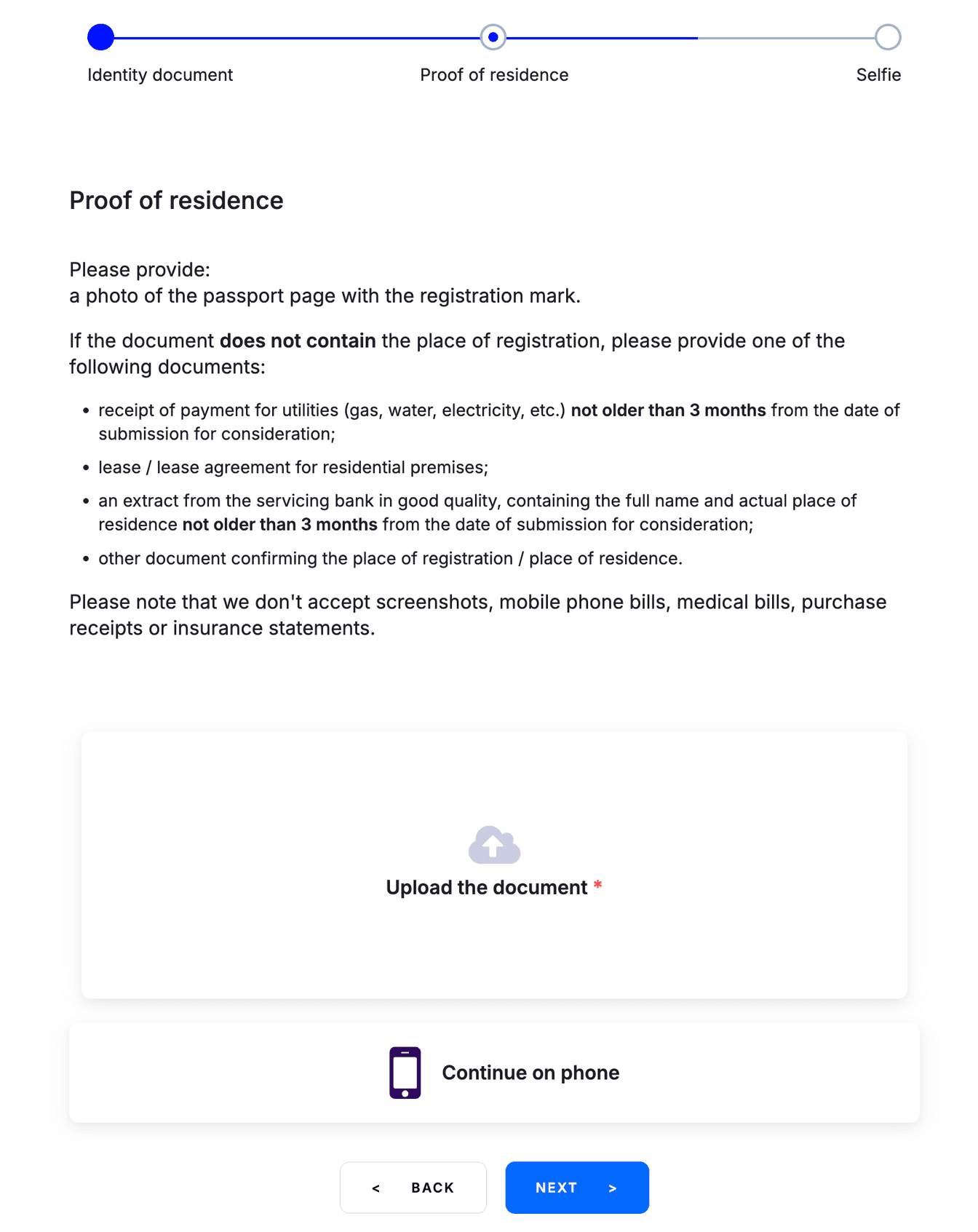 Шаг Proof of residence в проверке WhiteBird: список принимаемых документов об адресе и поле загрузки Upload the document