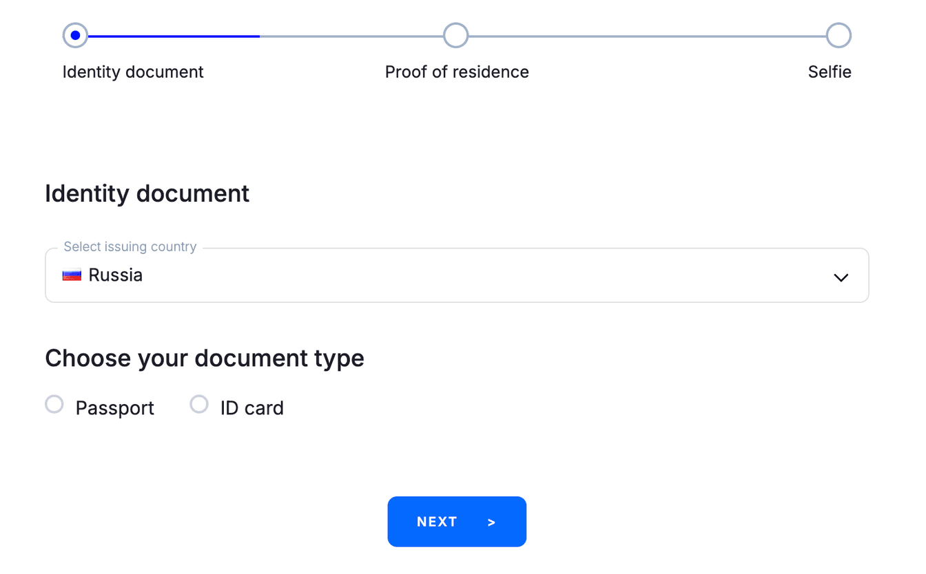 Шаг загрузки документов WhiteBird: страна Russia, тип документа Passport или ID card, прогресс Identity document → Proof of residence → Selfie